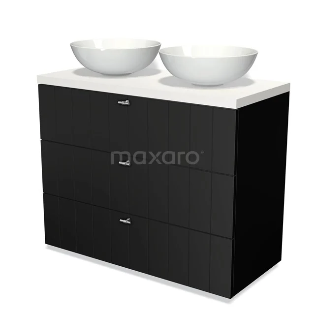 Modulo Plato Vanity units for countertop basin | 100 cm Matte black Slat front Matte white worktop 3 drawers BMK19-00466 Black bathroom furniture set with double white countertop wash basins, sleek design and soft-close drawers. Perfect for modern bathrooms.