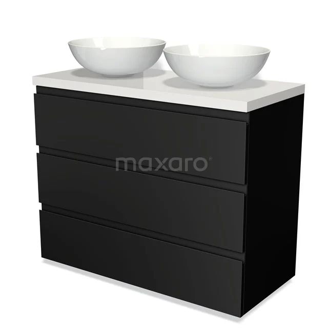 Schwarzes Badmöbel mit doppeltem Aufsatzwaschbecken aus Keramik, schlankem Design und drei geräumigen Schubladen für stilvolle Badezimmerlagerung.