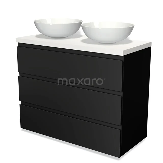 Schwarzer Badschrank mit drei Schubladen, weißem Doppelwaschbecken und modernem Design, ideal für stilvolle Badezimmerlagerung.