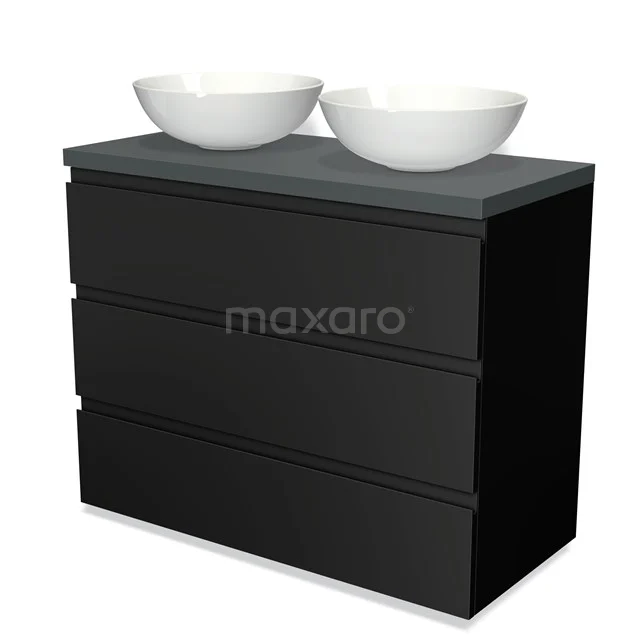 Schwarze Badmöbelset mit modernem Design, Doppelwaschbecken und mattem grauen Oberteil. Perfekt für ein stilvolles Badezimmer.