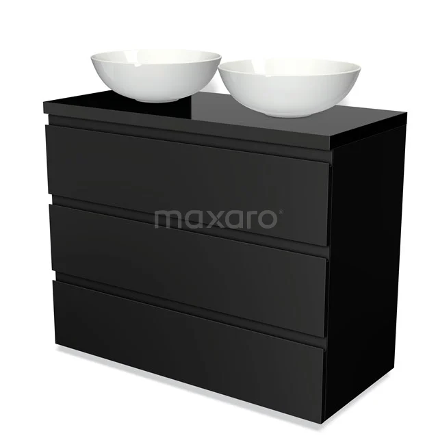 Modulo Plato Vanity units for countertop basin | 100 cm Matte black Handle-less front High-gloss black worktop 3 drawers BMK19-00482