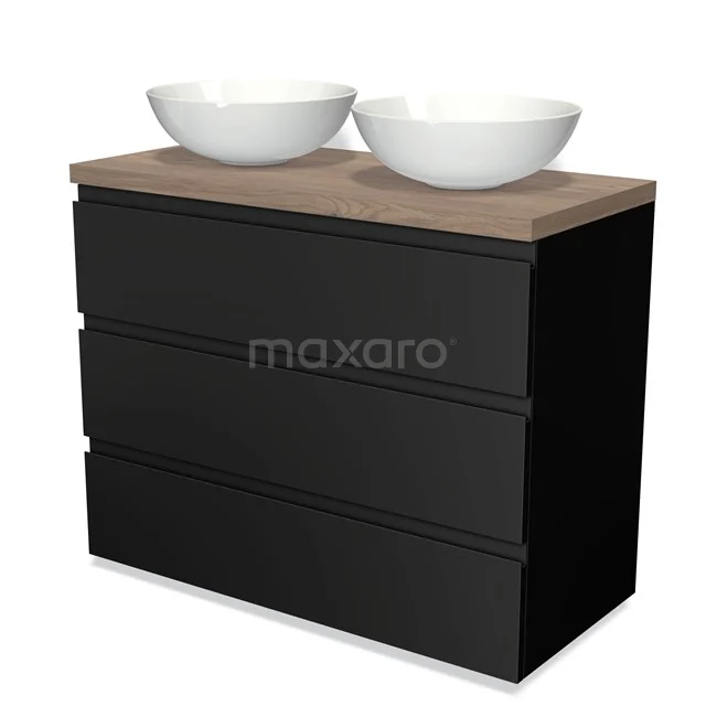 Badmöbel für Aufsatzwaschbecken 100cm Modulo Plato Matt Schwarz 3 Schubladen Grifflos Mittelbraune Eiche Platte BMK19-00486 Schwarzer Badschrank mit Holzplatte, doppelten weißen Aufsatzwaschbecken, modernes Design; ideal für stilvolle Badezimmerlagerung.