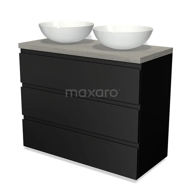 Modulo Plato Vanity units for countertop basin | 100 cm Matte black Handle-less front Grey oak worktop 3 drawers BMK19-00488