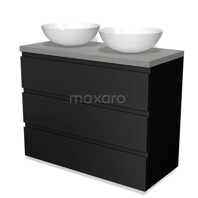 Modulo Plato Vanity units for countertop basin | 100 cm Matte black Handle-less front Light grey concrete worktop 3 drawers BMK19-00489