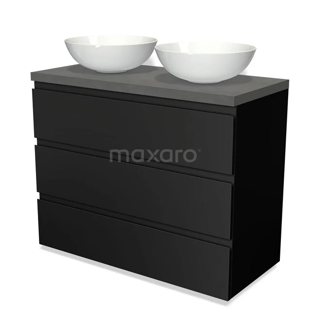 Schwarz Badezimmermöbel mit mattschwarzer Oberfläche, doppelten weißen Aufsatzwaschbecken und drei Schubladen, modernes Design.