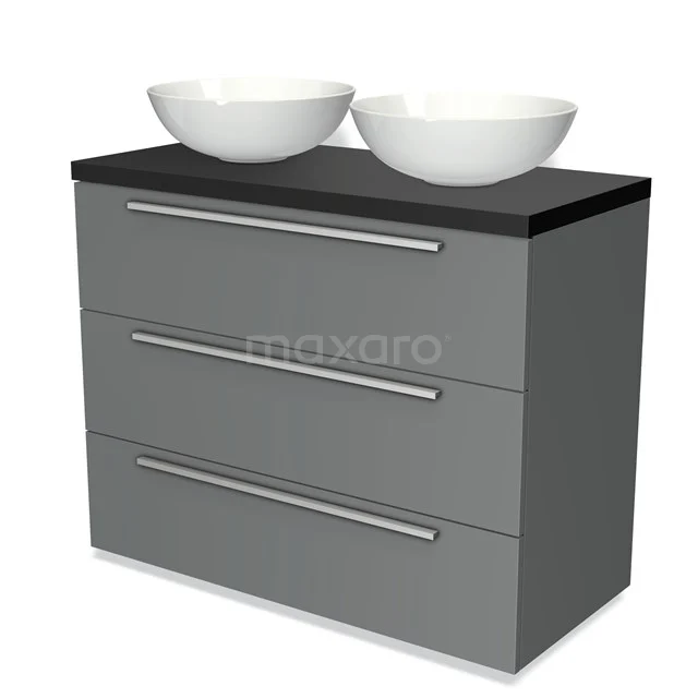 Modulo Plato Vanity units for countertop basin | 100 cm Mid grey Flat front Matte black worktop 3 drawers BMK19-00491