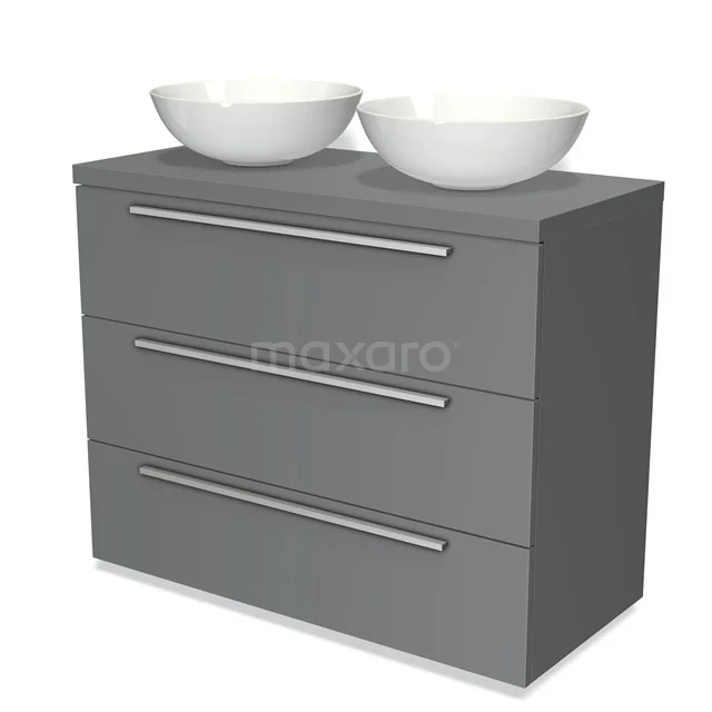 Grauer Badschrank mit Schubladen, doppelten weißen Waschbecken und metallischen Haltegriffen, schlankes Design für moderne Bäder.