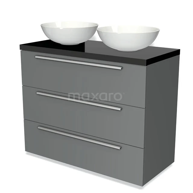 Grauer Badschrank mit schwarzer Platte, zwei weißen Waschbecken und drei Schubladen mit metallischen Haltegriffen.