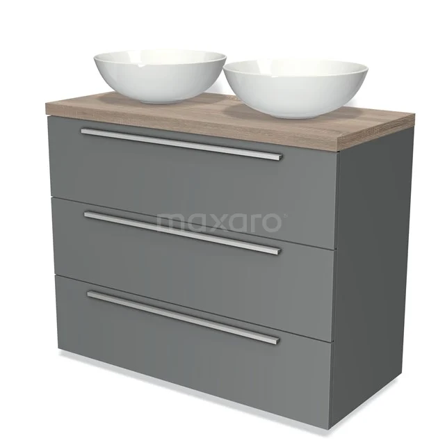 Modulo Plato Vanity units for countertop basin | 100 cm Mid grey Flat front Oak worktop 3 drawers BMK19-00497