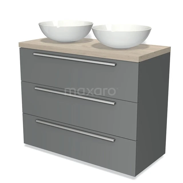 Modulo Plato Vanity units for countertop basin | 100 cm Mid grey Flat front Light grey oak worktop 3 drawers BMK19-00498