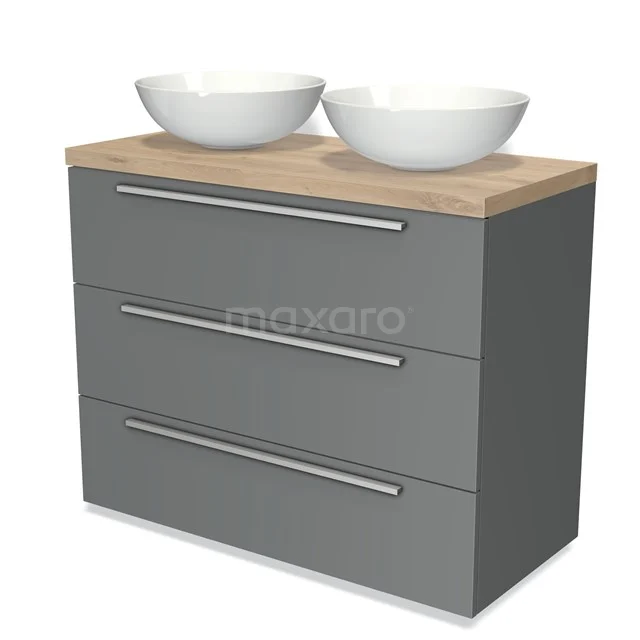Modulo Plato Vanity units for countertop basin | 100 cm Mid grey Flat front Light brown oak worktop 3 drawers BMK19-00499