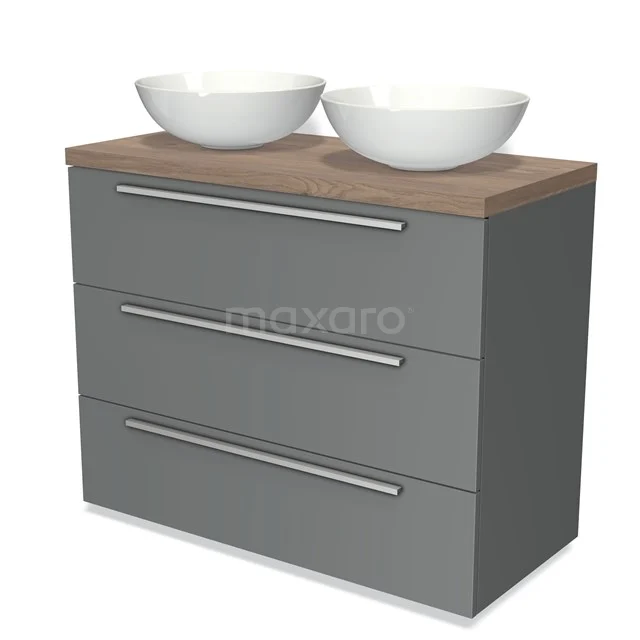Graues Badezimmermöbel mit Holzplatte, drei Schubladen und zwei weißen keramischen Aufsatzwaschbecken; modernes und praktisches Design.