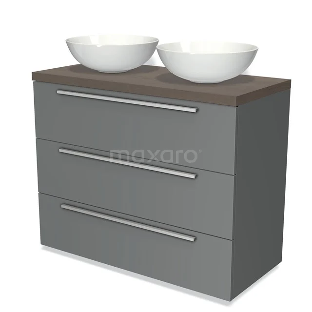 Modulo Plato Vanity units for countertop basin | 100 cm Mid grey Flat front Dark brown oak worktop 3 drawers BMK19-00501
