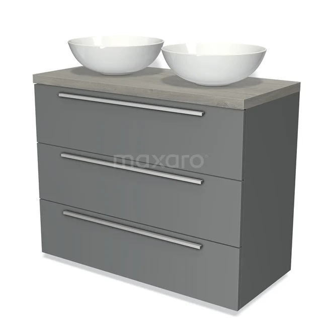 Modulo Plato Vanity units for countertop basin | 100 cm Mid grey Flat front Grey oak worktop 3 drawers BMK19-00502
