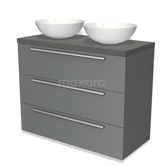 Modulo Plato Vanity units for countertop basin | 100 cm Mid grey Flat front Dark grey concrete worktop 3 drawers BMK19-00504