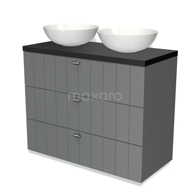 Modulo Plato Vanity units for countertop basin | 100 cm Mid grey Slat front Matte black worktop 3 drawers BMK19-00505