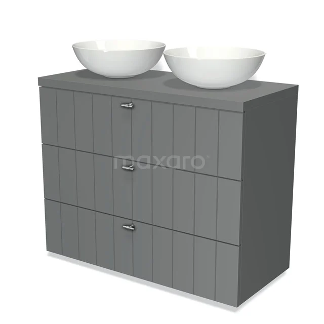 Grauer Badschrank mit Rippmuster, drei Schubladen und zwei weißen Aufsatzwaschbecken, modernes Design für stilvolle Bäder.