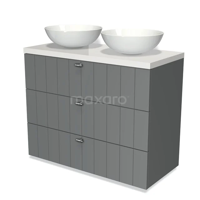 Modulo Plato Vanity units for countertop basin | 100 cm Mid grey Slat front High-gloss white worktop 3 drawers BMK19-00507
