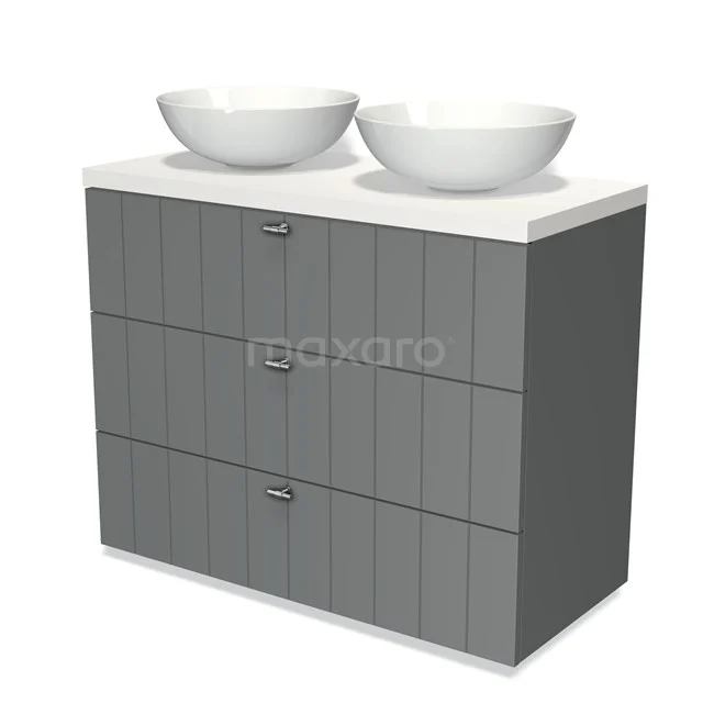 Modulo Plato Vanity units for countertop basin | 100 cm Mid grey Slat front Matte white worktop 3 drawers BMK19-00508