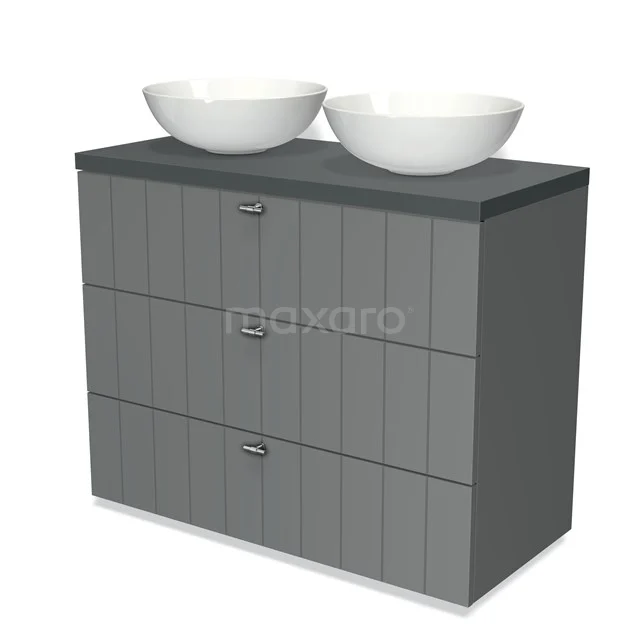 Modulo Plato Vanity units for countertop basin | 100 cm Mid grey Slat front Dark grey worktop 3 drawers BMK19-00509