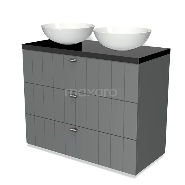 Modulo Plato Vanity units for countertop basin | 100 cm Mid grey Slat front High-gloss black worktop 3 drawers BMK19-00510