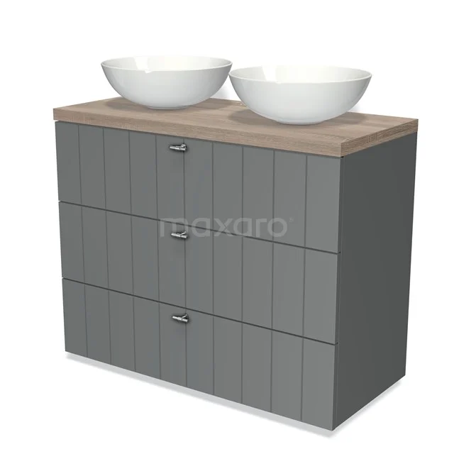 Modulo Plato Vanity units for countertop basin | 100 cm Mid grey Slat front Oak worktop 3 drawers BMK19-00511
