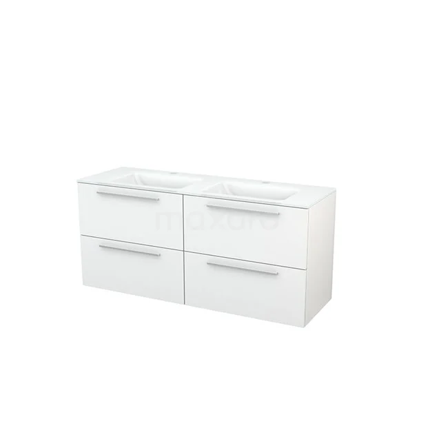Modulo+ Bathroom furniture with sink | 140 cm High-gloss white Flat front Glass 4 drawers BMP004102 White bathroom unit with four wide drawers, sleek design and chrome handles, ideal for modern bathroom storage.