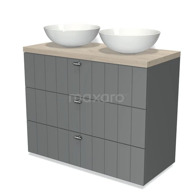 Modulo Plato Vanity units for countertop basin | 100 cm Mid grey Slat front Light grey oak worktop 3 drawers BMK19-00512