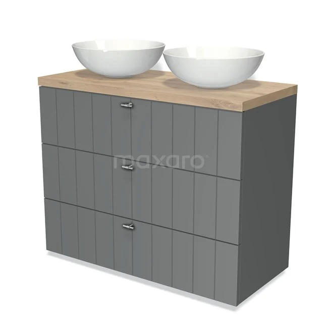 Modulo Plato Vanity units for countertop basin | 100 cm Mid grey Slat front Light brown oak worktop 3 drawers BMK19-00513