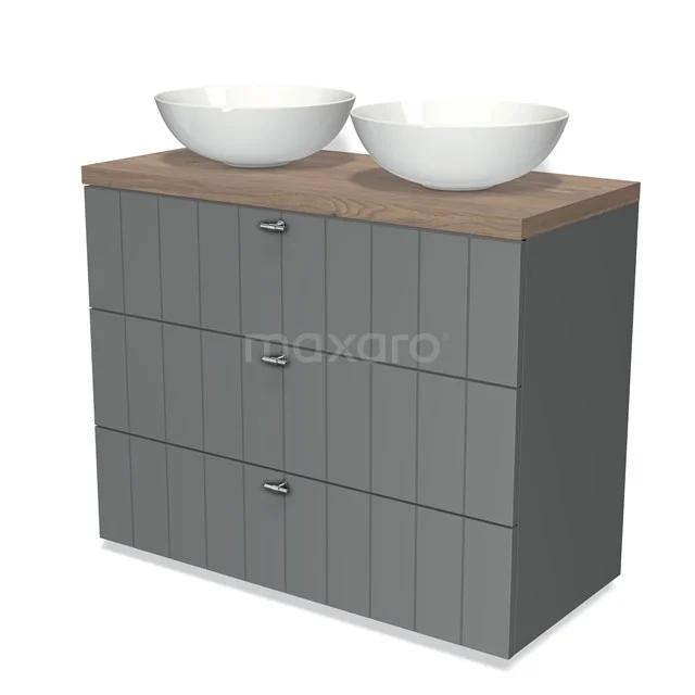 Modulo Plato Vanity units for countertop basin | 100 cm Mid grey Slat front Mid brown oak worktop 3 drawers BMK19-00514