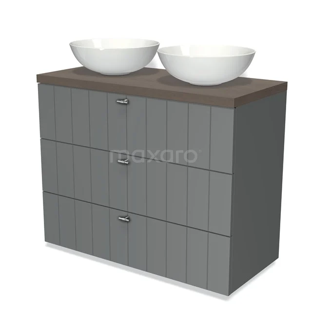 Modulo Plato Vanity units for countertop basin | 100 cm Mid grey Slat front Dark brown oak worktop 3 drawers BMK19-00515