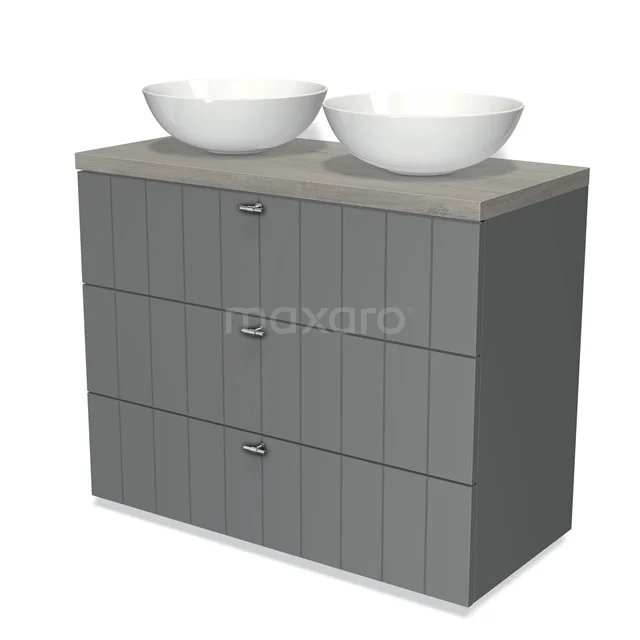 Modulo Plato Vanity units for countertop basin | 100 cm Mid grey Slat front Grey oak worktop 3 drawers BMK19-00516
