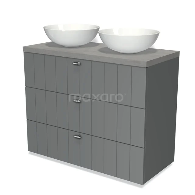 Modulo Plato Vanity units for countertop basin | 100 cm Mid grey Slat front Light grey concrete worktop 3 drawers BMK19-00517