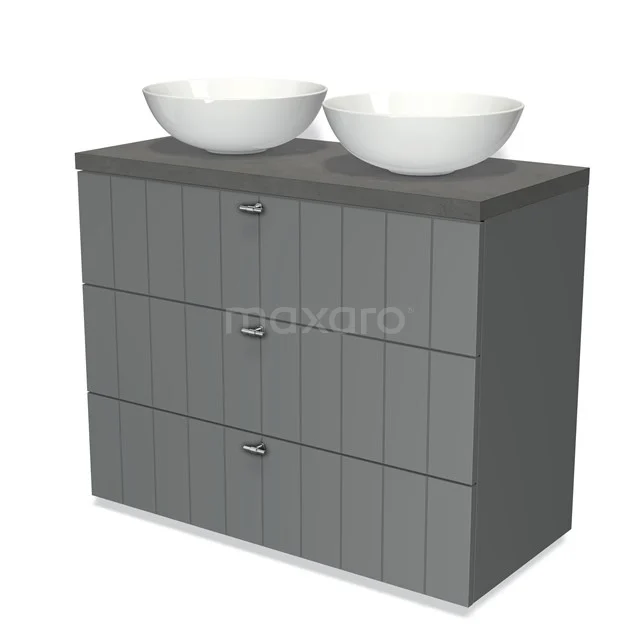 Badmöbel für Waschtischunterschrank mit Konsole 100cm Modulo Plato Mittelgrau 3 Schubladen Lamelle Dunkelgrau Beton Platte BMK19-00518 Grauer Badschrank mit drei Schubladen, keramischen Doppelwaschbecken und modernem geripptem Frontdesign.