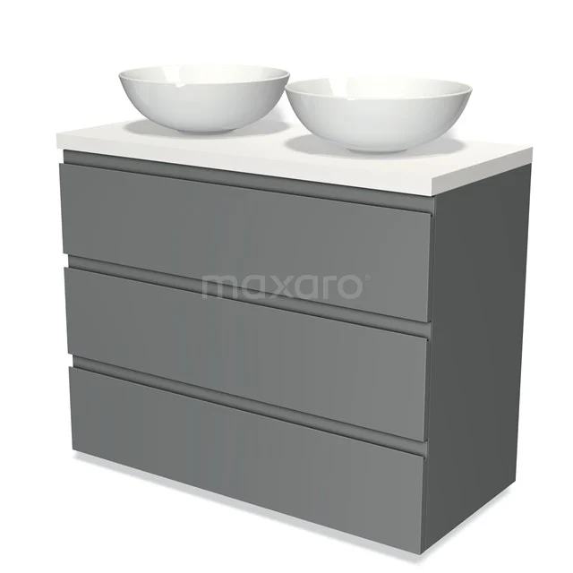 Graue Badmöbel mit doppelten weißen Aufsatzwaschbecken, moderne Ausstrahlung, schlankes Design und drei Schubladen für Stauraum.