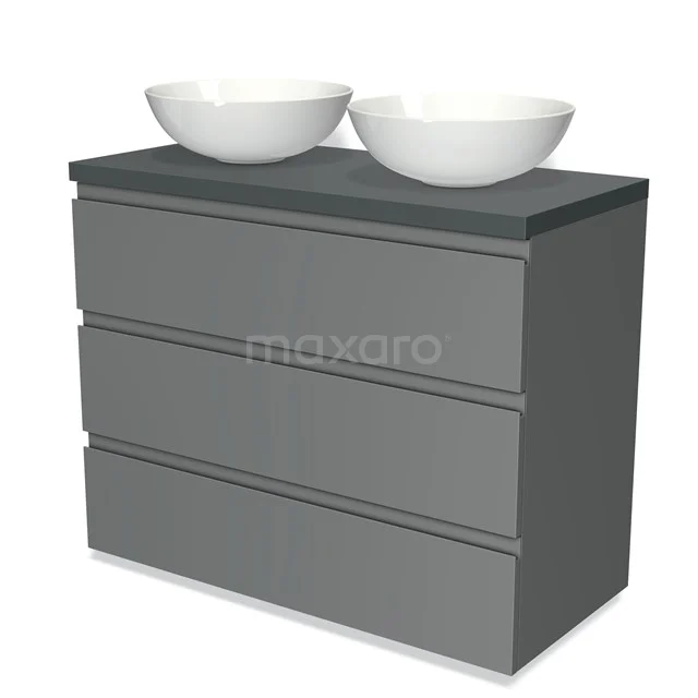 Modulo Plato Vanity units for countertop basin | 100 cm Mid grey Handle-less front Dark grey worktop 3 drawers BMK19-00523