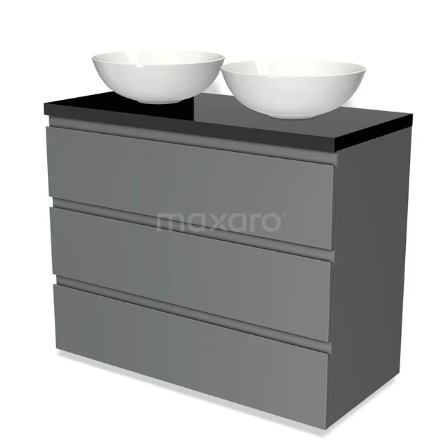 Graues Badmöbel mit drei Schubladen, schwarzer Platte und doppelten weißen Waschbecken, modernes Design für stilvolle Bäder.