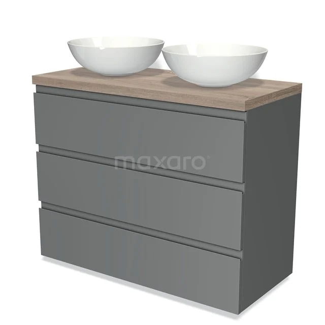 Modulo Plato Vanity units for countertop basin | 100 cm Mid grey Handle-less front Oak worktop 3 drawers BMK19-00525