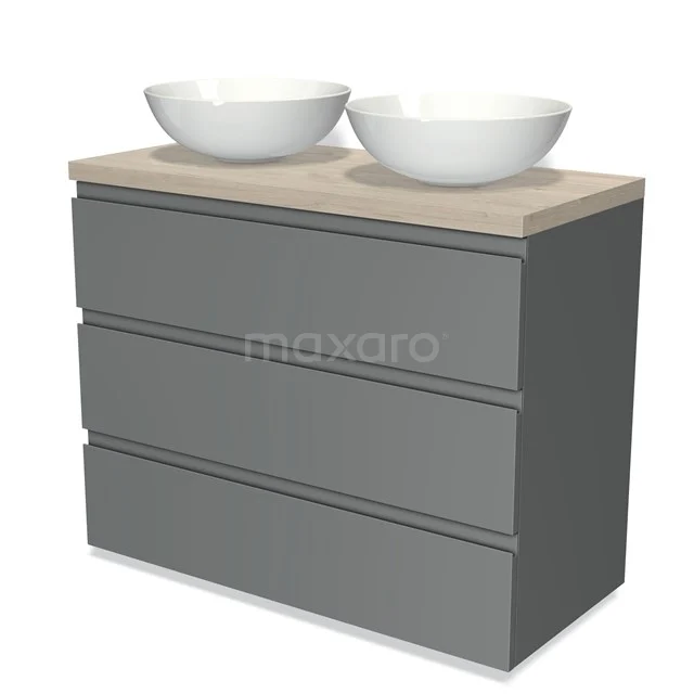 Modulo Plato Vanity units for countertop basin | 100 cm Mid grey Handle-less front Light grey oak worktop 3 drawers BMK19-00526