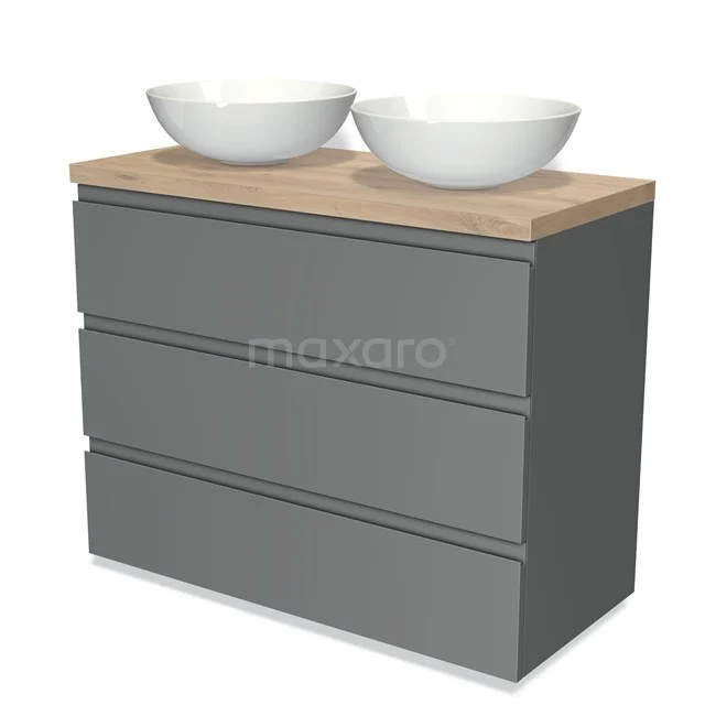 Modulo Plato Vanity units for countertop basin | 100 cm Mid grey Handle-less front Light brown oak worktop 3 drawers BMK19-00527