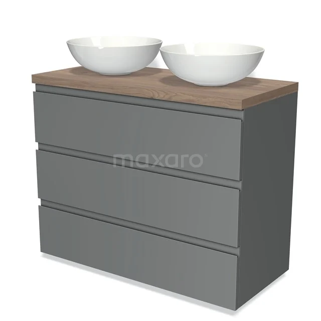 Graue Badmöbelset mit Holzplatte und doppelten weißen Aufsatzwaschbecken, modernes Design mit grifflosen Schubladen.