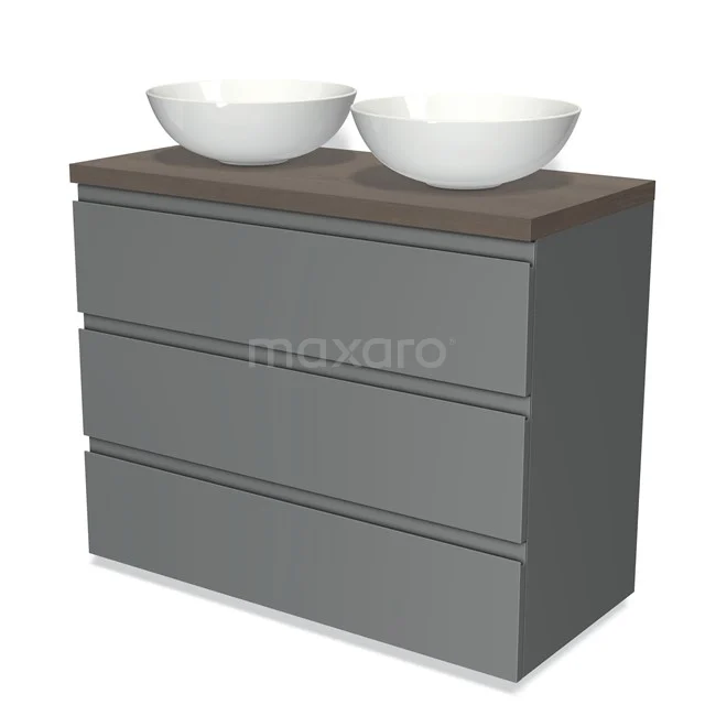 Modulo Plato Vanity units for countertop basin | 100 cm Mid grey Handle-less front Dark brown oak worktop 3 drawers BMK19-00529