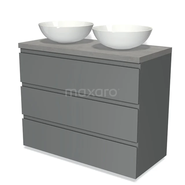 Graue Badmöbel mit Doppelwaschbecken, schlichtes Design und Softclose Schubladen, perfekt für ein modernes Badezimmer.