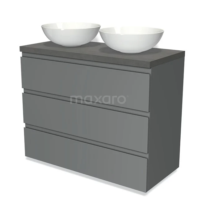 Modulo Plato Vanity units for countertop basin | 100 cm Mid grey Handle-less front Dark grey concrete worktop 3 drawers BMK19-00532