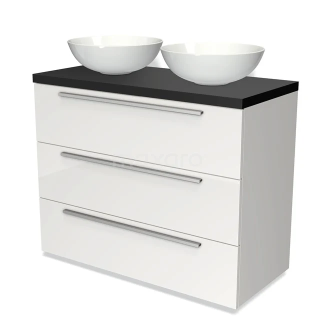 Badmöbel für Aufsatzwaschbecken 100cm Modulo Plato Hochglanz Weiß 3 Schubladen Flach Matt Schwarz Platte BMK19-00533 Weißes Badezimmermöbel mit schwarzer Platte, drei Schubladen und zwei stilvollen runden Waschbecken, ideal für ein modernes Badezimmer.