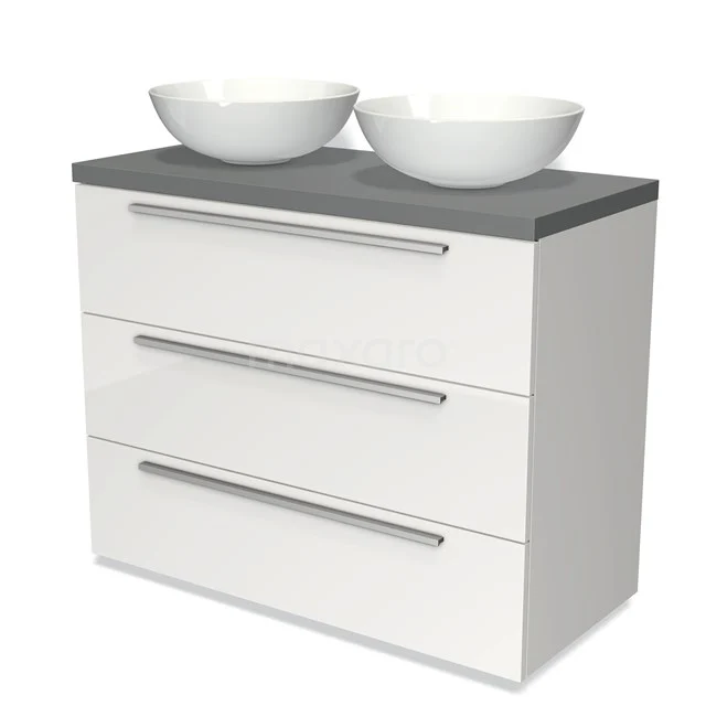 Weißer Badschrank mit grauer Platte, doppelten Aufsatzwaschbecken und drei Schubladen, modernes Design für moderne Bäder.