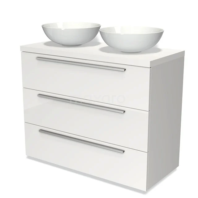 Modulo Plato Vanity units for countertop basin | 100 cm High-gloss white Flat front Matte white worktop 3 drawers BMK19-00536