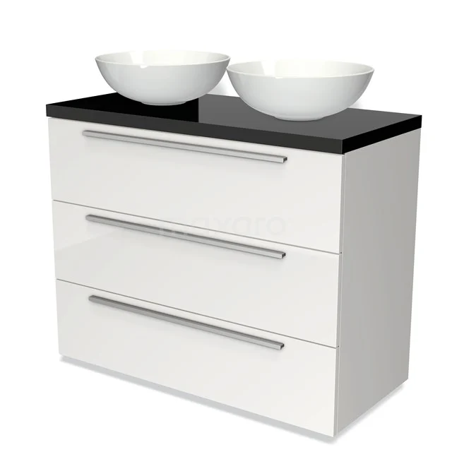 Badmöbel für Waschtischunterschrank mit Konsole 100cm Modulo Plato Hochglanz Weiß 3 Schubladen Flach Hochglanz Schwarz Platte BMK19-00538 Weißer Badschrank mit schwarzer Oberseite, ausgestattet mit zwei runden Waschbecken und drei Schubladen mit metallenen Haltegriffen.