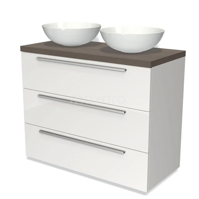 Badmöbel für Aufsatzwaschbecken 100cm Modulo Plato Hochglanz Weiß 3 Schubladen Flach dunkelbraune Eiche Platte BMK19-00543 Weißes Badezimmermöbel mit Holzlook Platte, doppelten runden Aufsatzwaschbecken und drei Schubladen, modernes Design.