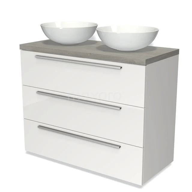 Modulo Plato Vanity units for countertop basin | 100 cm High-gloss white Flat front Grey oak worktop 3 drawers BMK19-00544